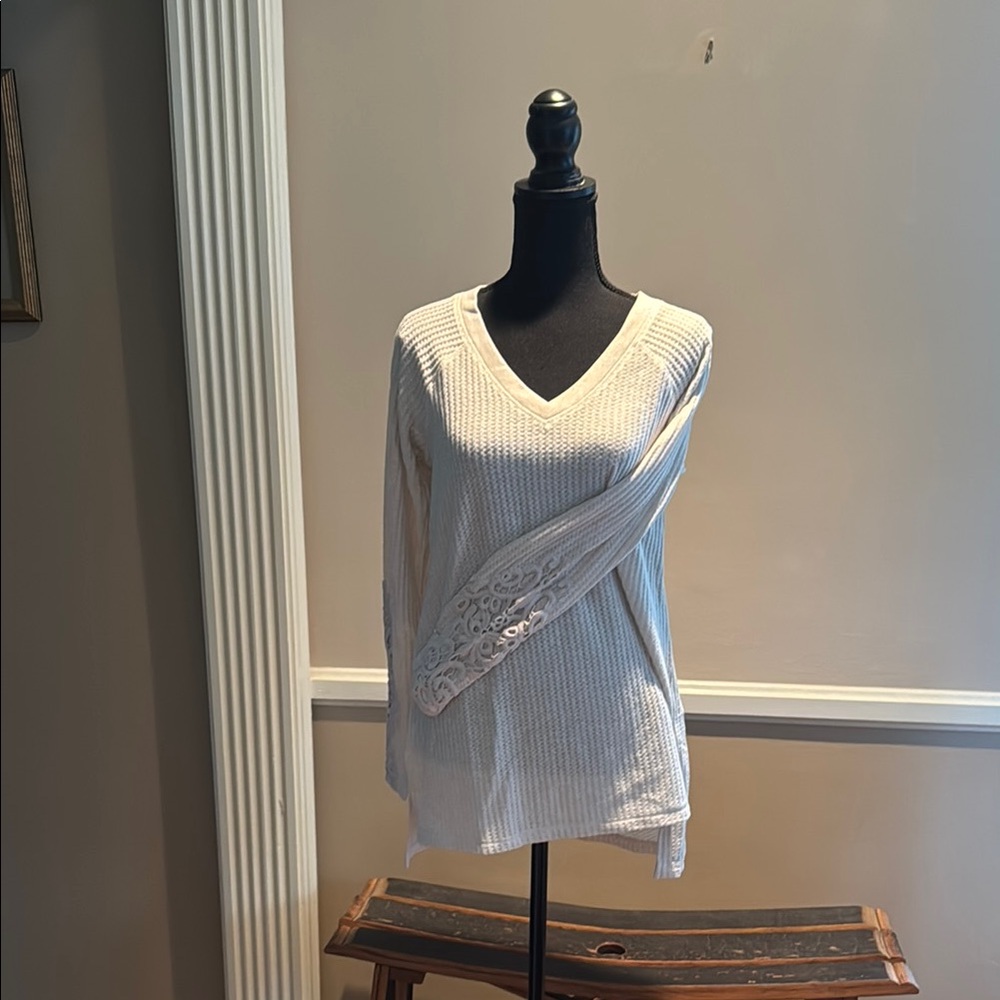 Soft Surroundings Oatmeal colored V-Neck Long Sleeve Top with sleeve accents.